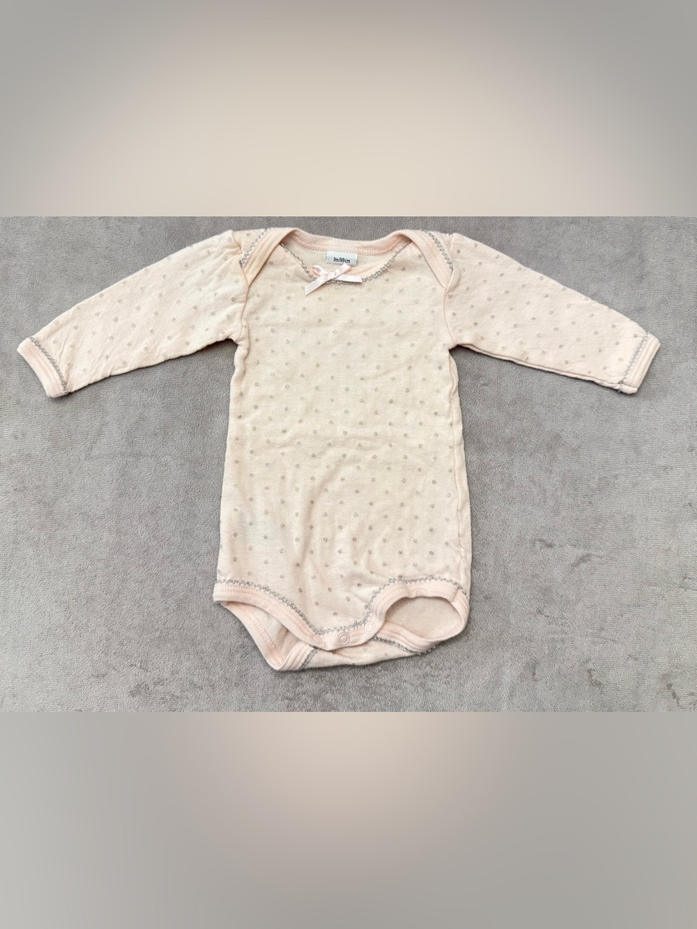 Petit Bateau Baby Bodysuit 3M 0-3 Pink Silver Polka Dot Long Sleeve 100% Cotton